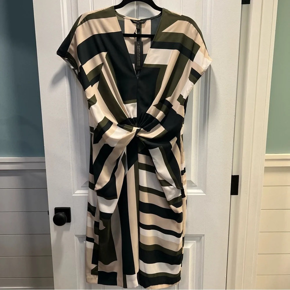 Banana Republic Factory Olive Green Black Cream Twist Front Dress. Size 16. NWT. - Picture 2 of 15